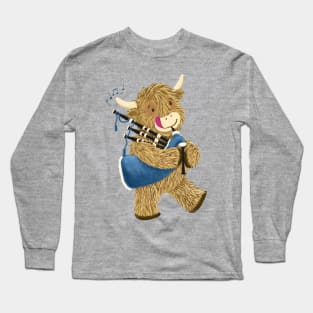 Wee Hamish The Happy Scottish Highland Cow Plays His Bagpipes Long Sleeve T-Shirt